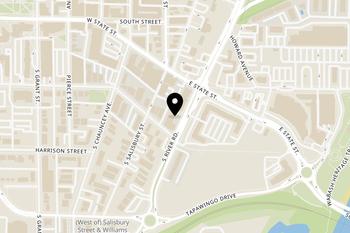 Map showing the location of Hala's Grill on 111 S River Rd in West Lafayette